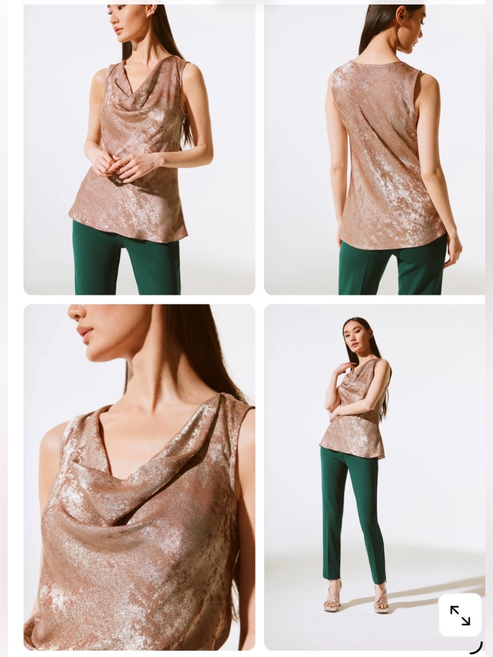 **Joseph Ribkoff Signature ** Beige/ Gold Foiled Woven Cowl Neck Sleeveless top